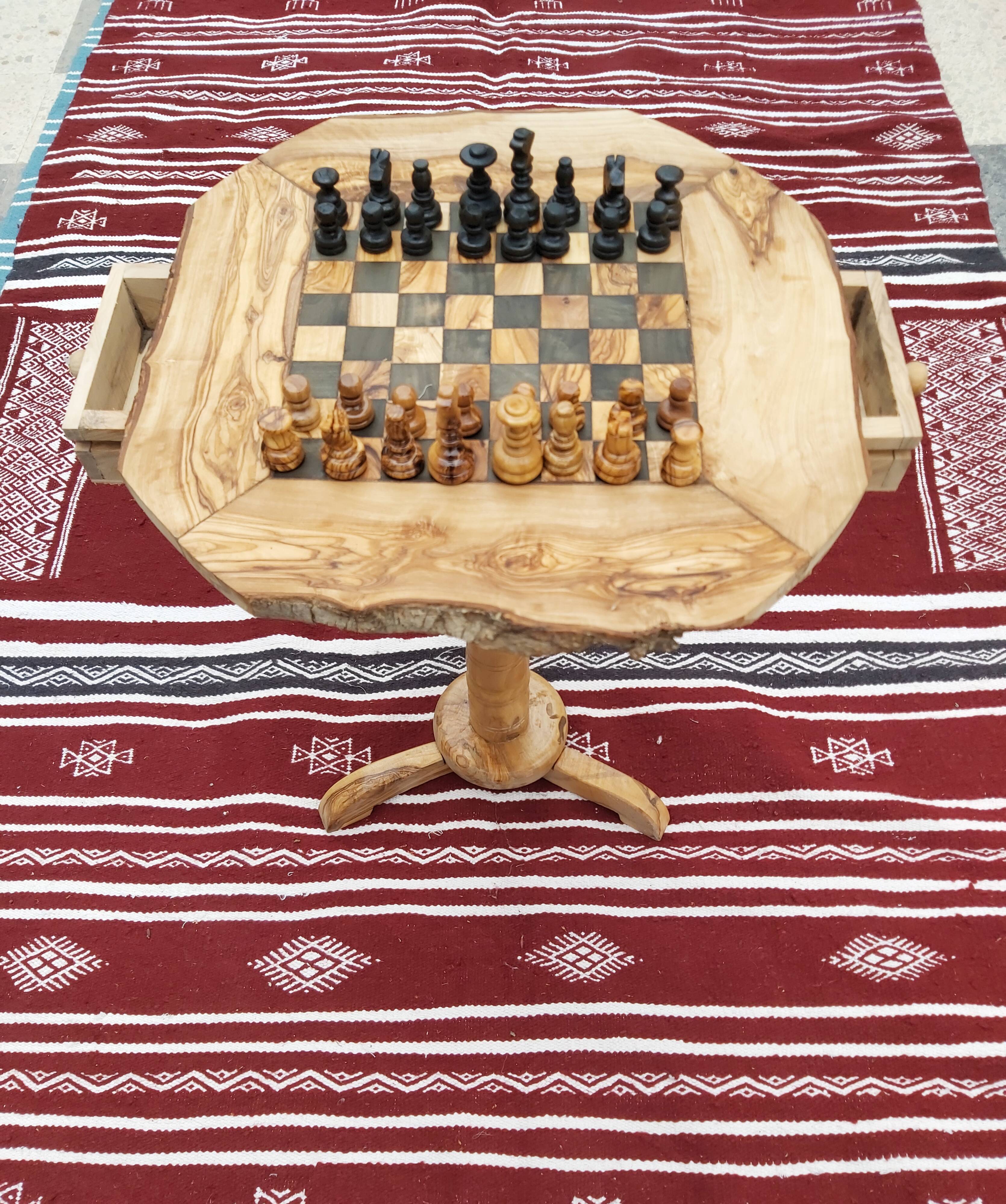Chess table with handmade drawers made of olive wood