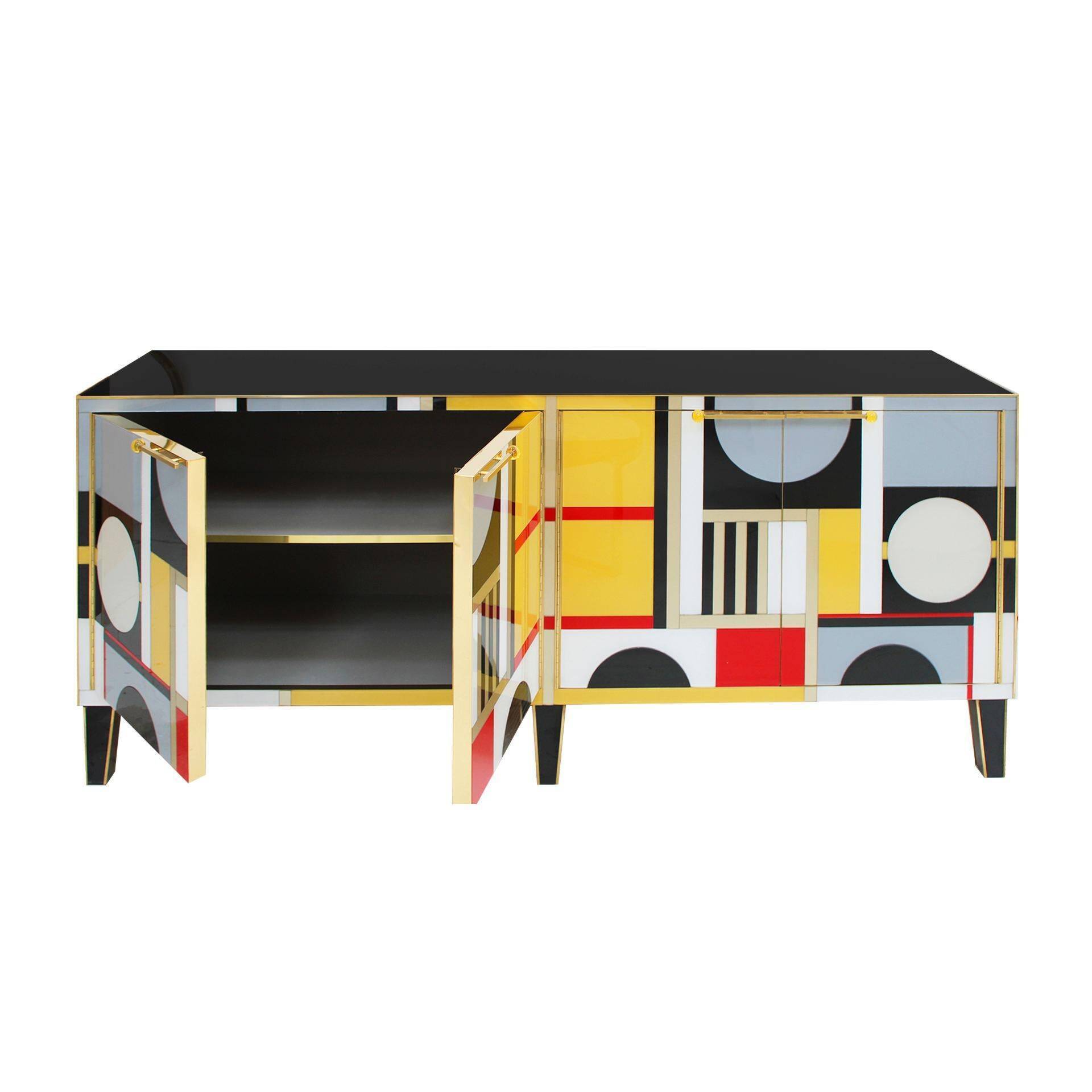 Mid Modern Italian Cabinet with Original 1950s Structure, Murano Glass and Brass