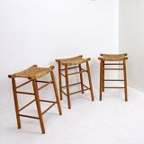 Set of 3 bar stools in Oak and Rush woven seat