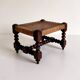 Antique French Turned Wood and Woven Rattan Footstool/ Sidetable
