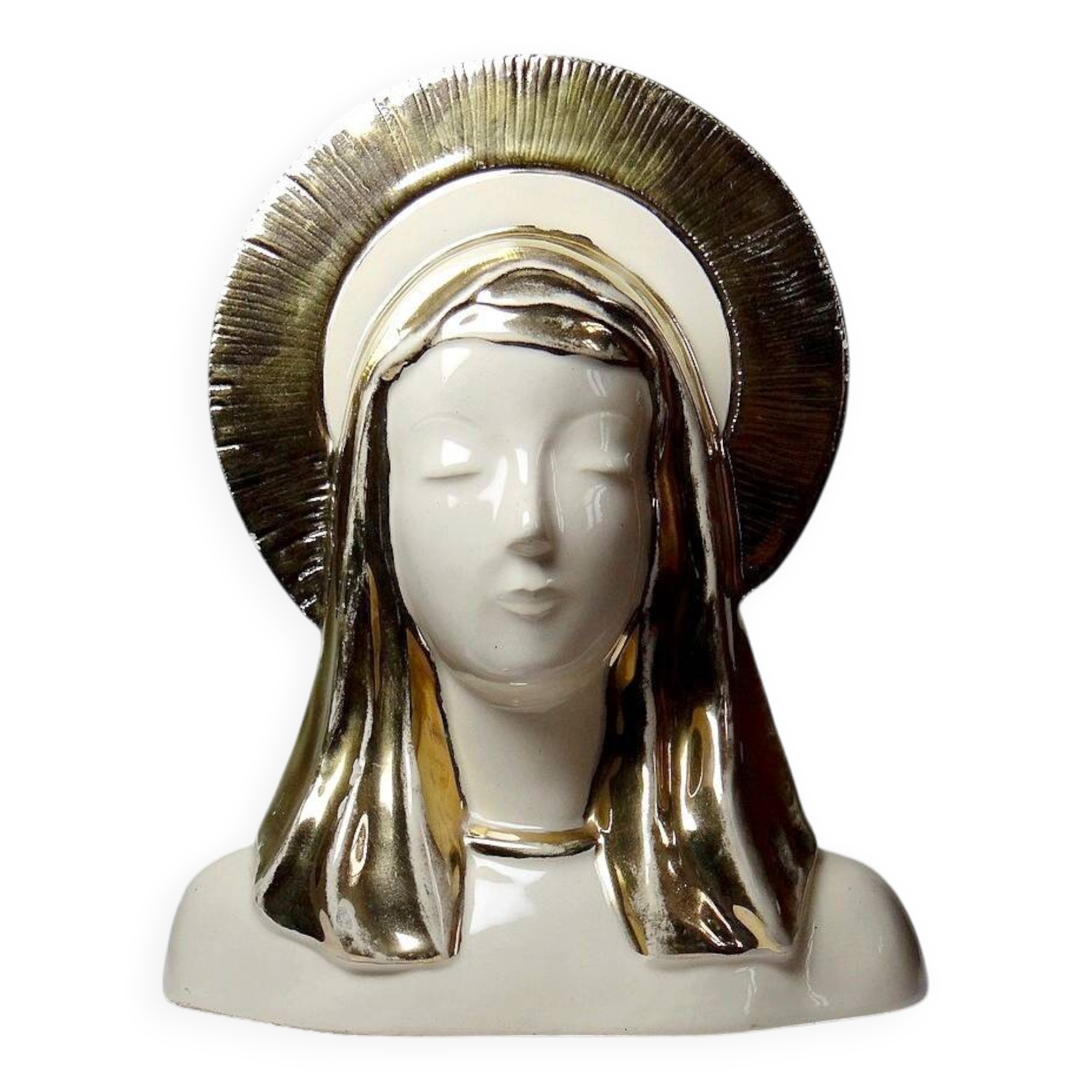Bust of the Virgin with halo, glazed ceramic, vintage/antique craftsmanship
