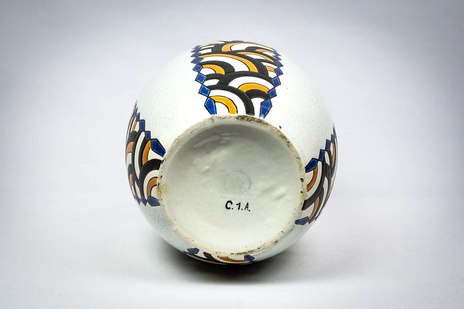 Art Deco vase from the Nimy pottery — geometric design, Belgium circa 1940.