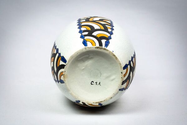 Vase Art Déco faïencerie de Nimy — décor géométrique, Belgique vers 1940