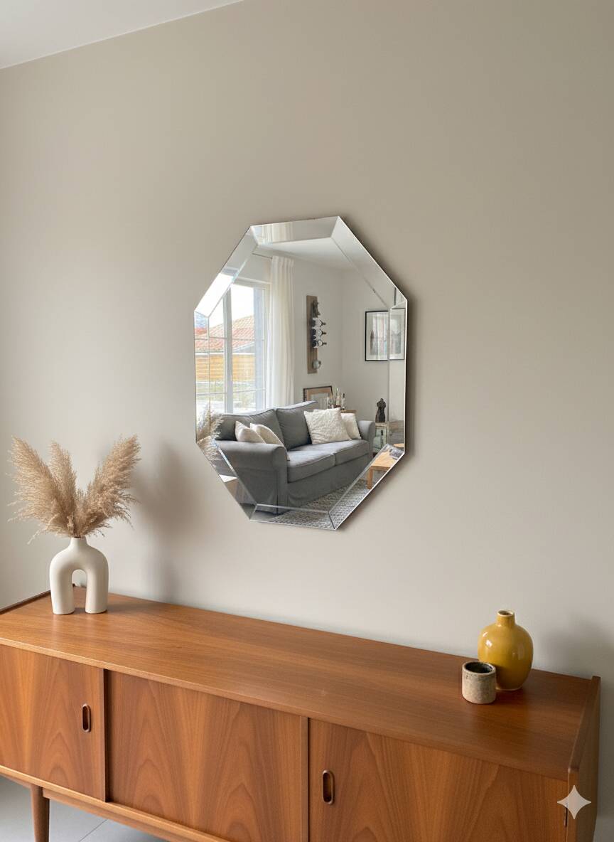 Modernist Octagonal Mirror – Art Glass & Wide Bevel – 1950s/60s