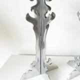 Pair of vintage sculpted chrome metal brutalist candlesticks - 1970s