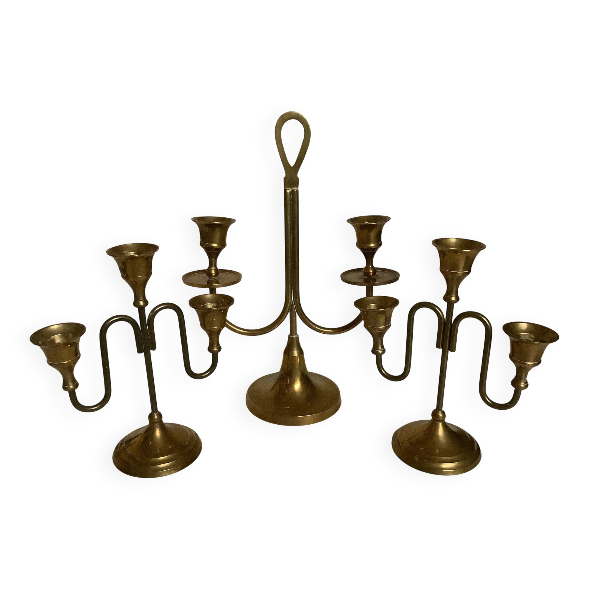 Trio of brass candlesticks with tulip bases