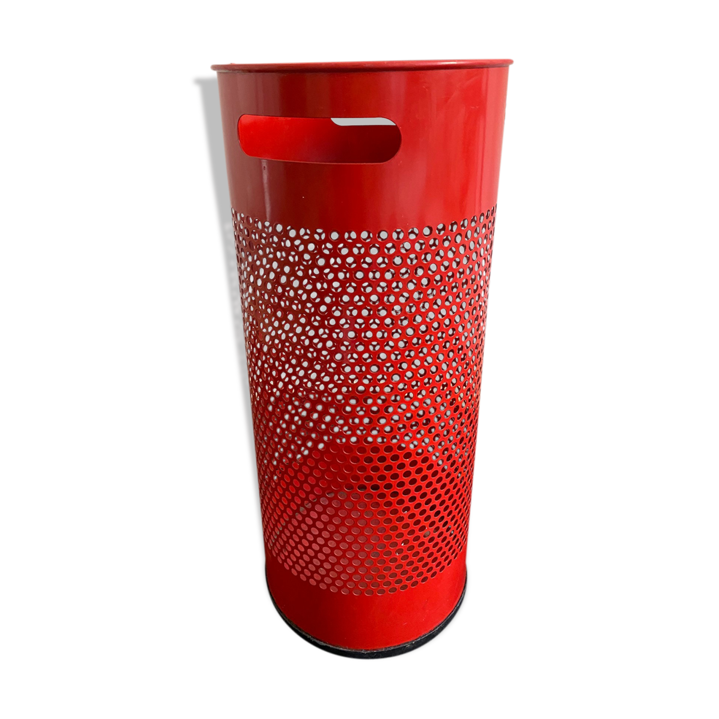 Vintage red umbrella holder in 80s perforated sheet metal or Italy trash can
