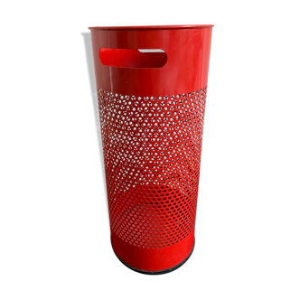 Vintage red umbrella holder in 80s perforated sheet metal or Italy trash can