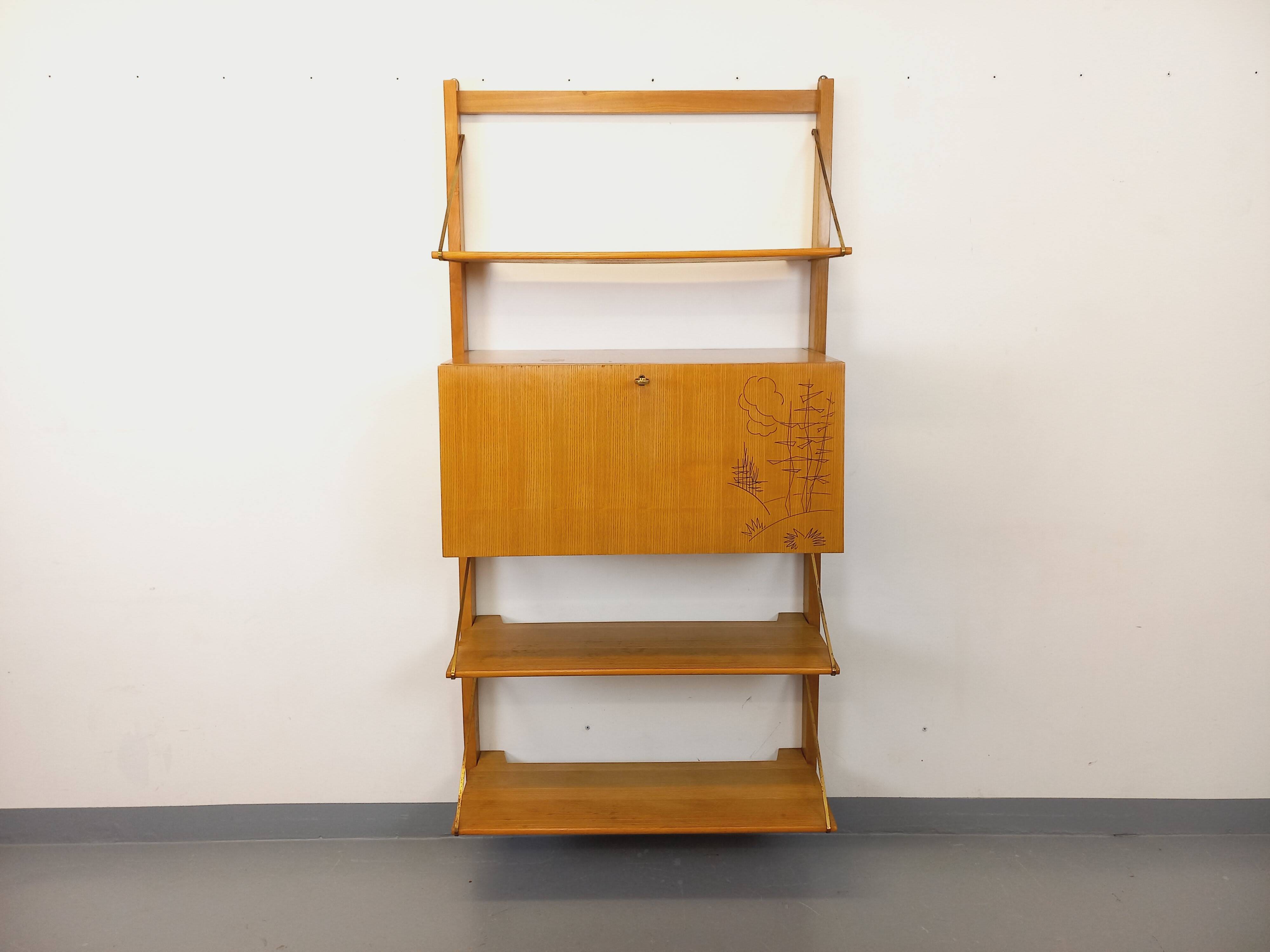 Wall shelf library with vintage light wood secretary bar