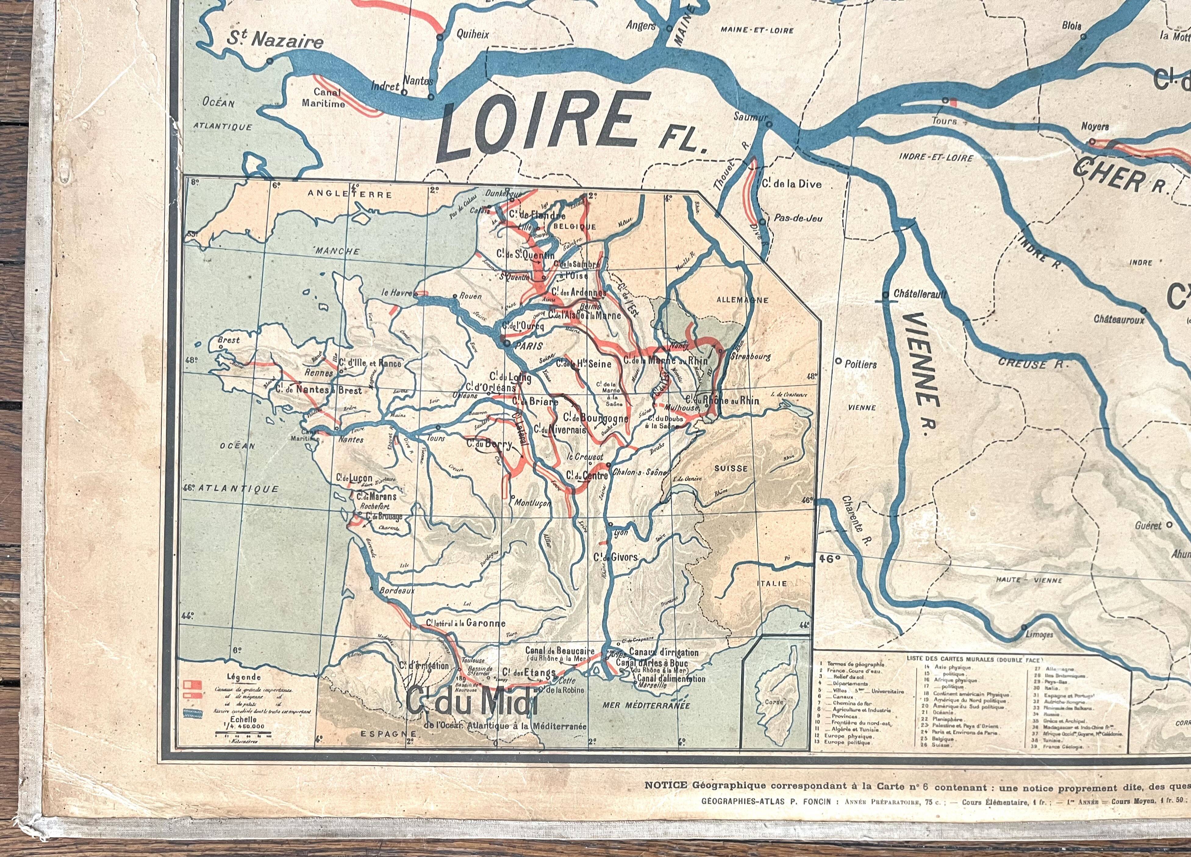 Old school map Vidal Lablache 6, Mézières, T36, 1910 France Canals
