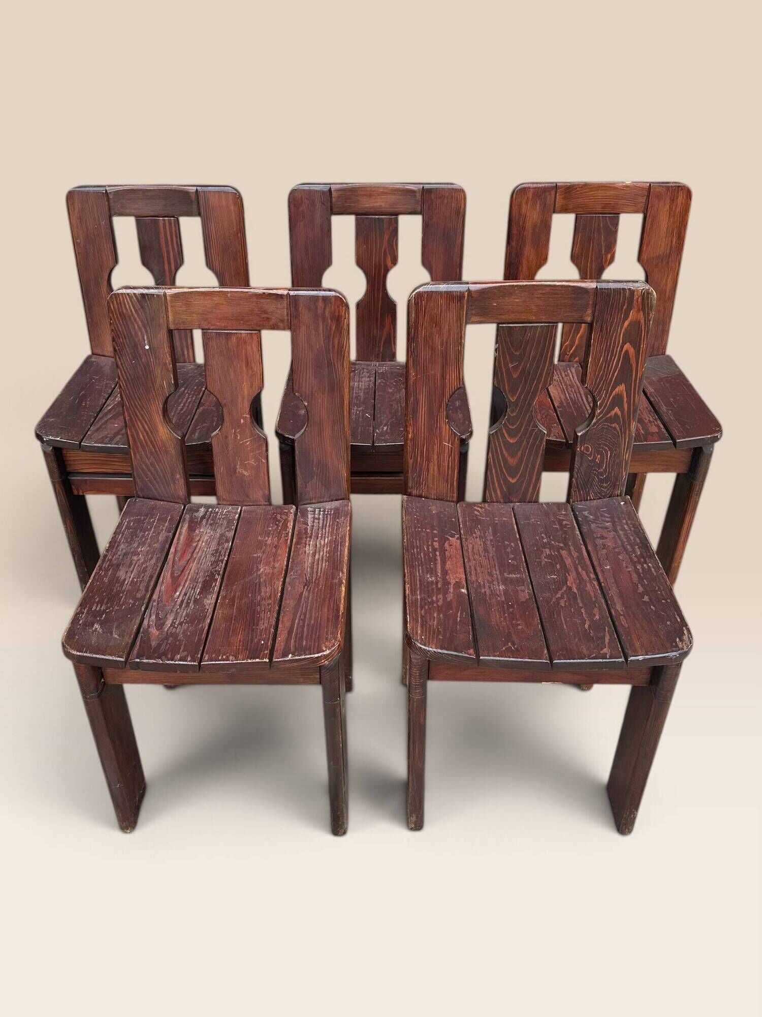 Set of five brutalist chairs in solid pine.