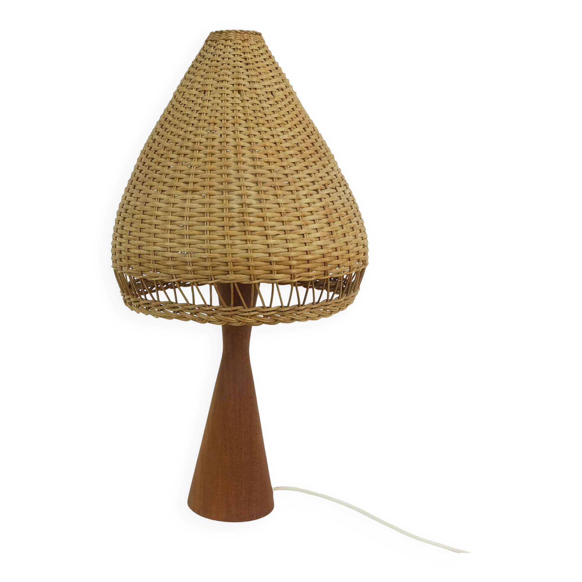 Danish modern table lamp teak and rattan 1960s mid century wicker light