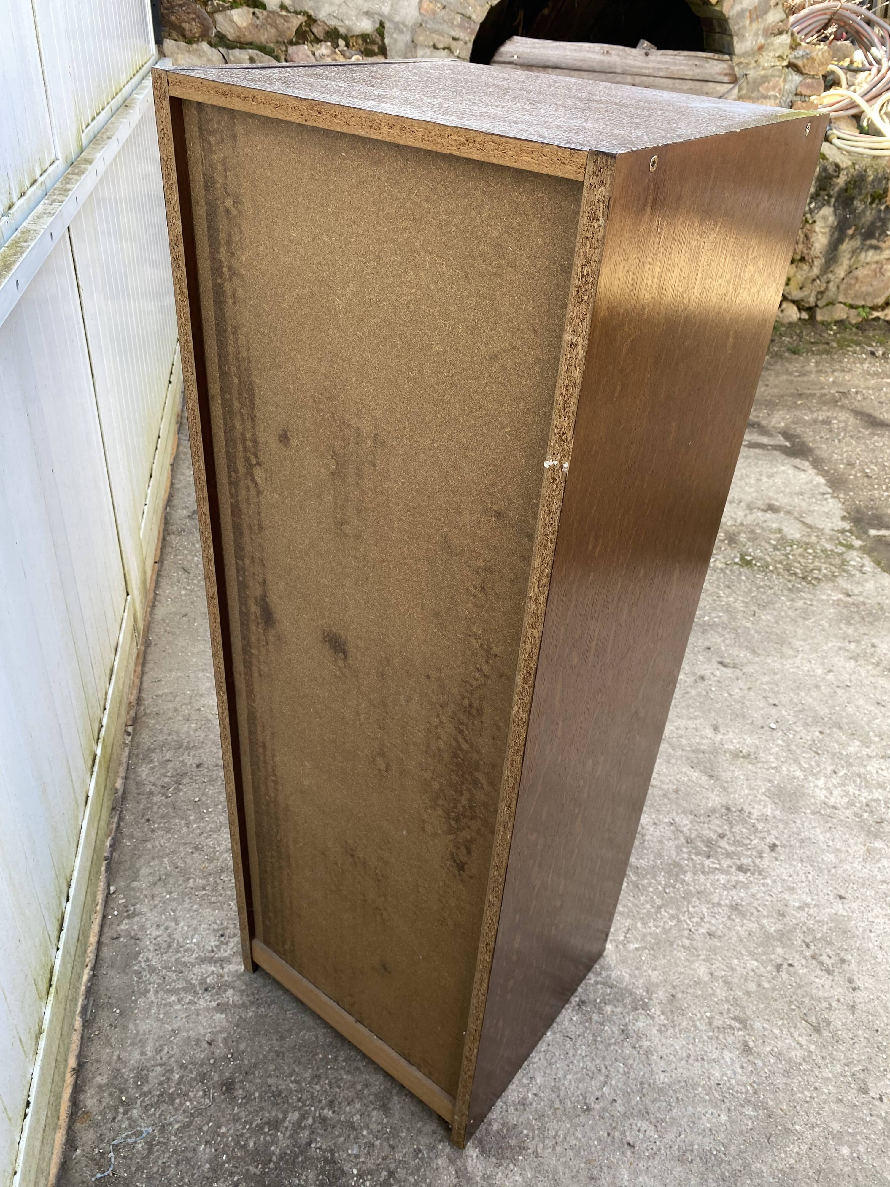 1970 oak office storage cabinet with curtains.