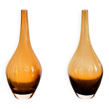 Ancien Paire Vase Pot Soliflore Verre Soufflé Moulé Mid Century Holmegaard