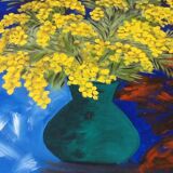 Tableau huile sur toile nature morte bouquet de mimosa