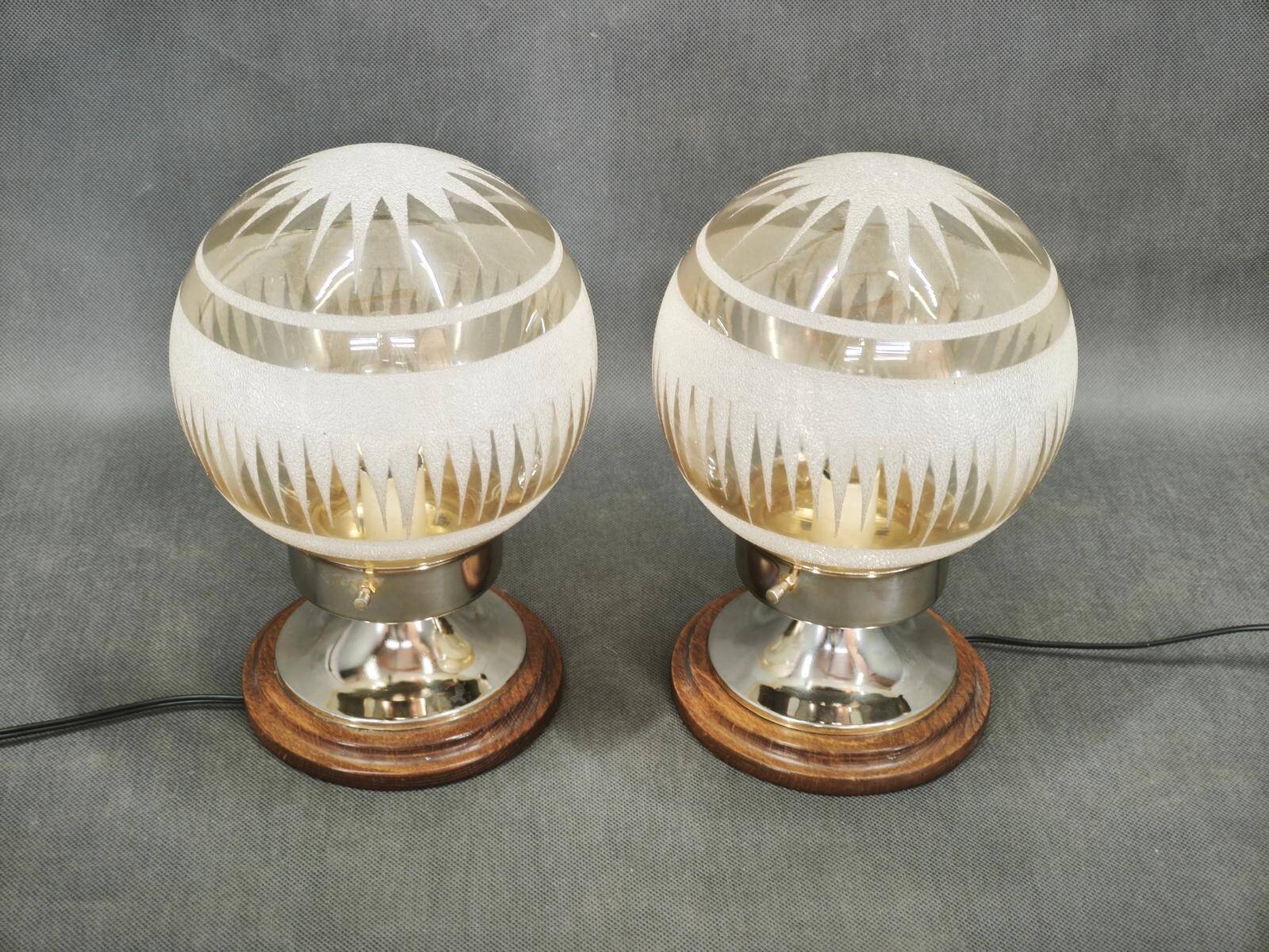 Pair of Italian Etched Glass, Chrome and Wood Table Lamps, 1950s