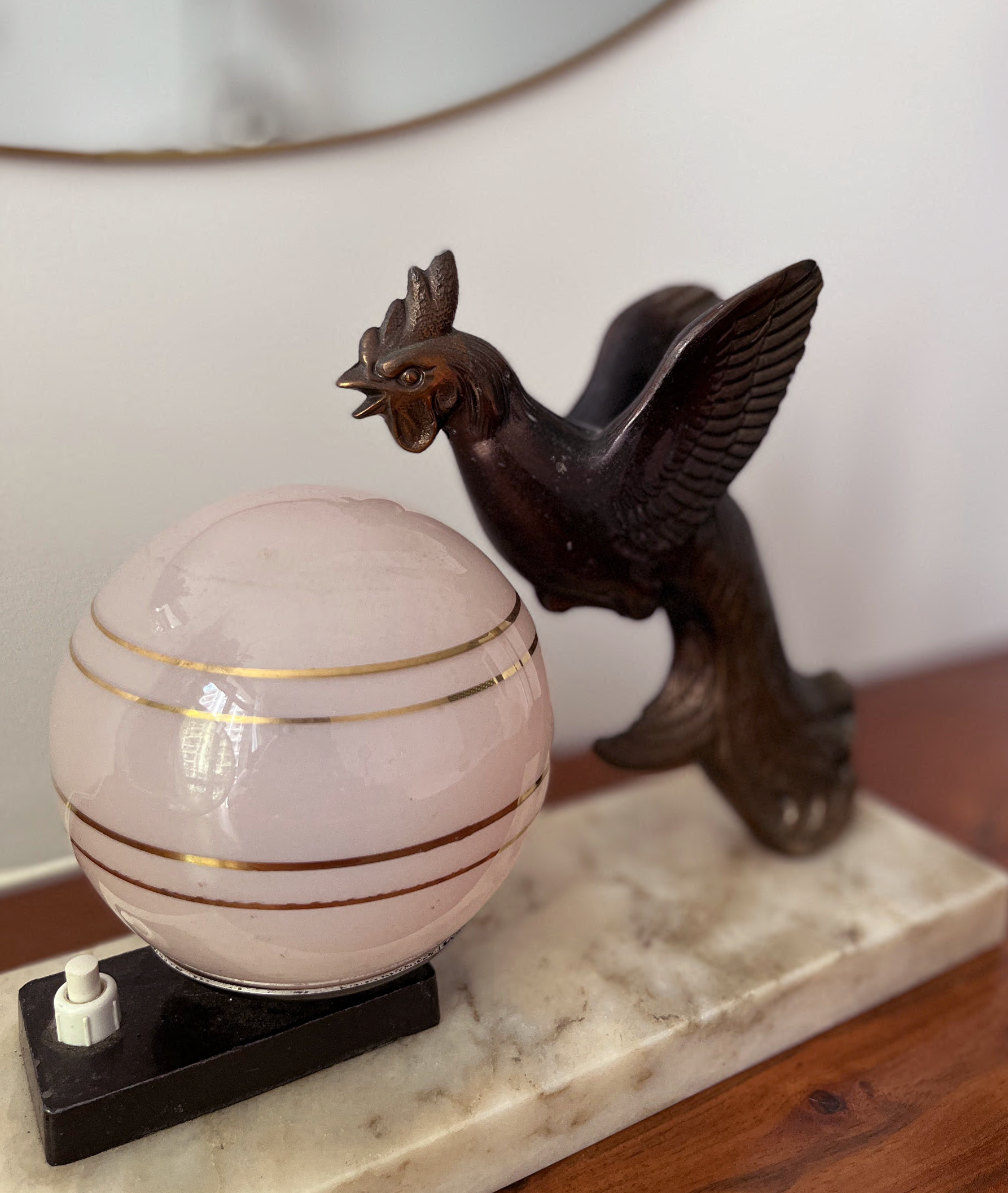 Art Deco lamp marble bird and pink opaline 1930s/40s