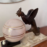 Lampe Art Déco marbre oiseau et opaline rose Années 1930/40