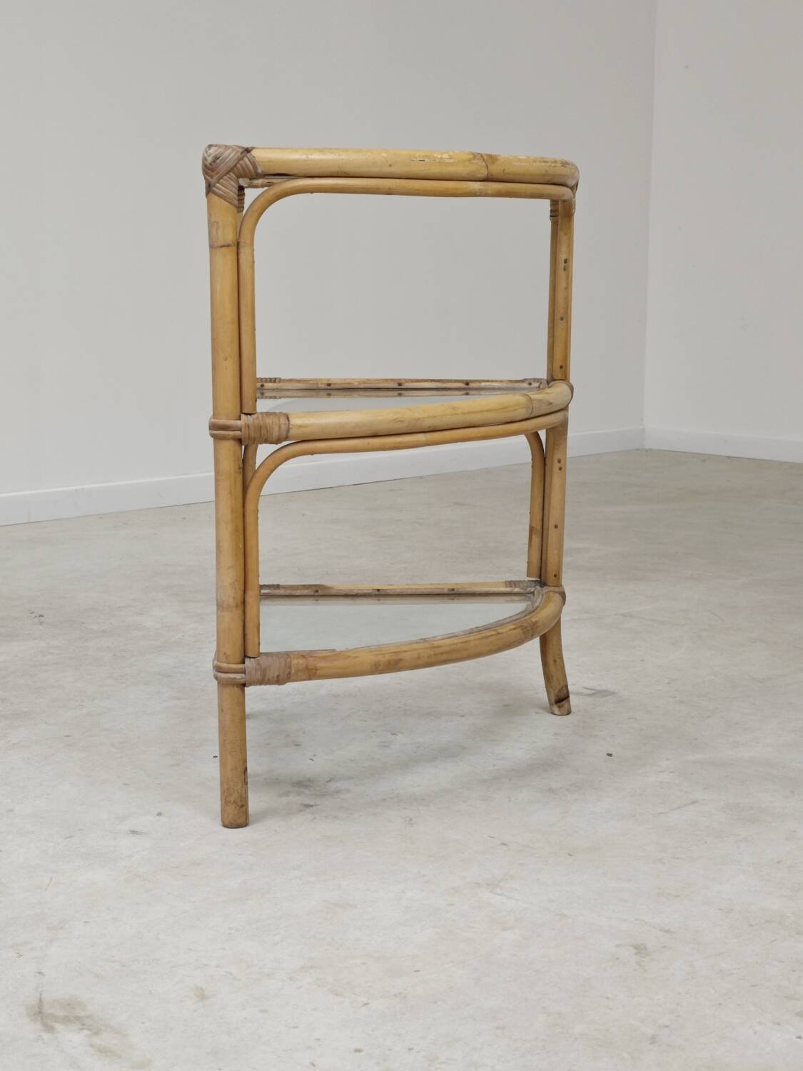 Rattan and glass corner shelf 1970