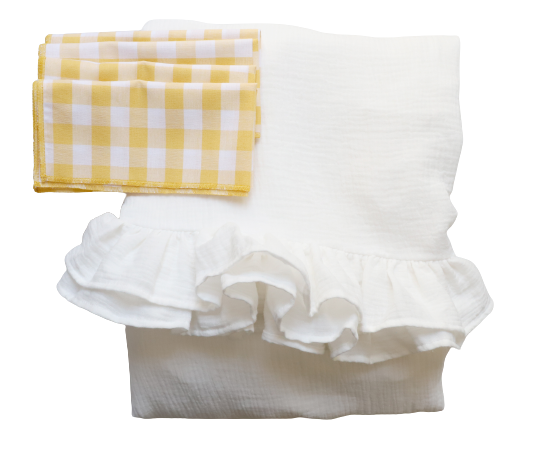 Nappe volantée en gaze de coton blanche et serviettes vichy jaune