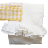 Nappe volantée en gaze de coton blanche et serviettes vichy jaune
