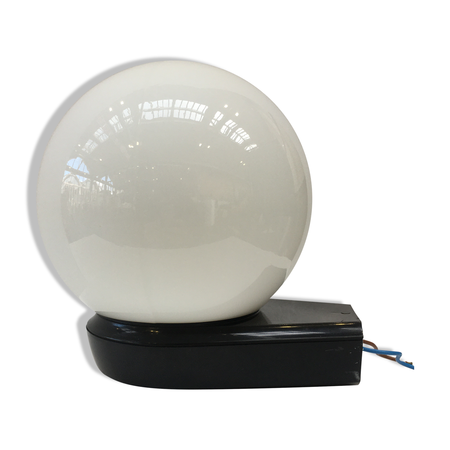 Vintage wall lamp black plastic base and opaline globe