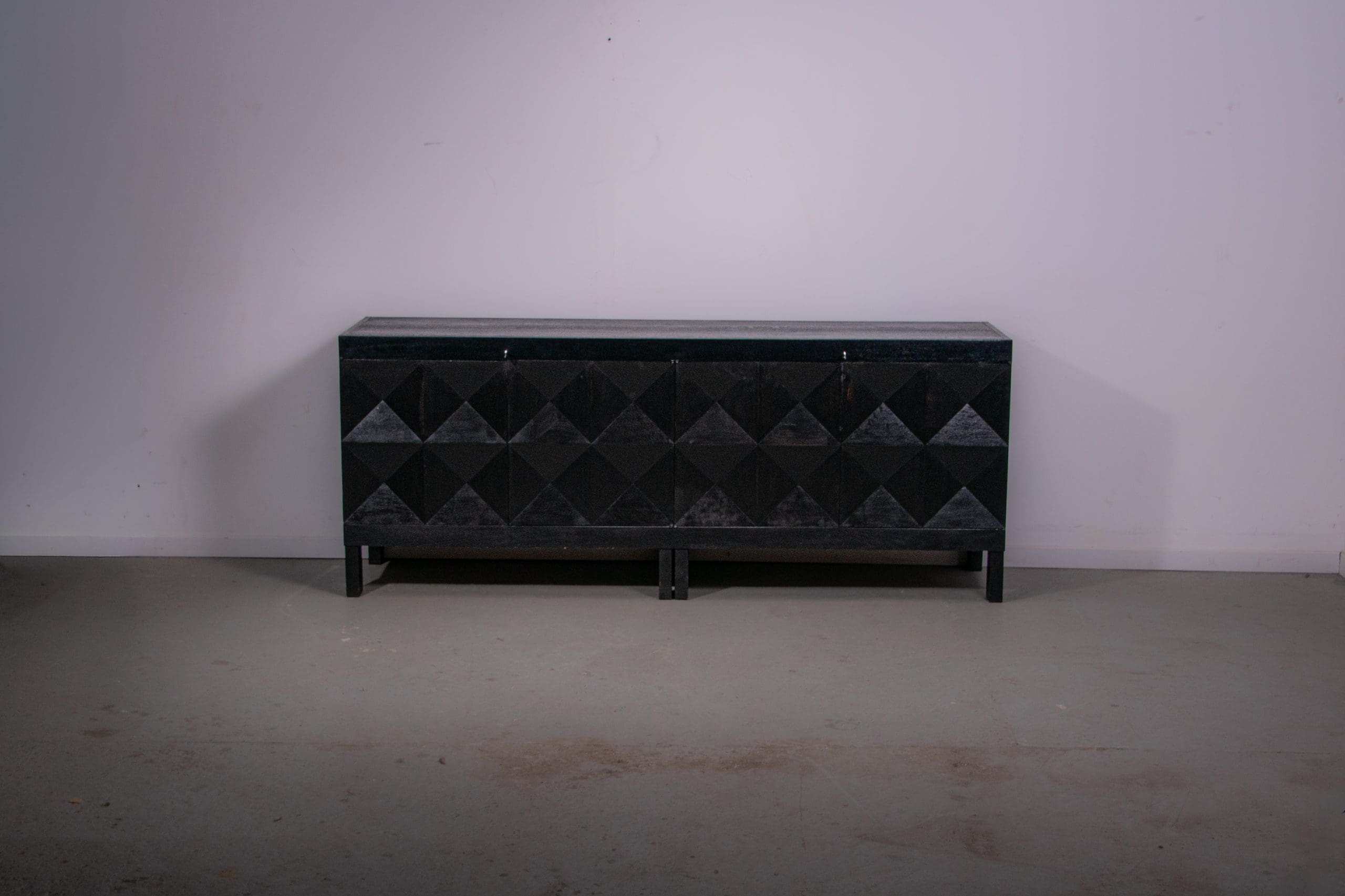 Black oak brutalist sideboard by Jean Batenburg with graphical doors for MI, Belgium