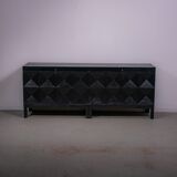Black oak brutalist sideboard by Jean Batenburg with graphical doors for MI, Belgium