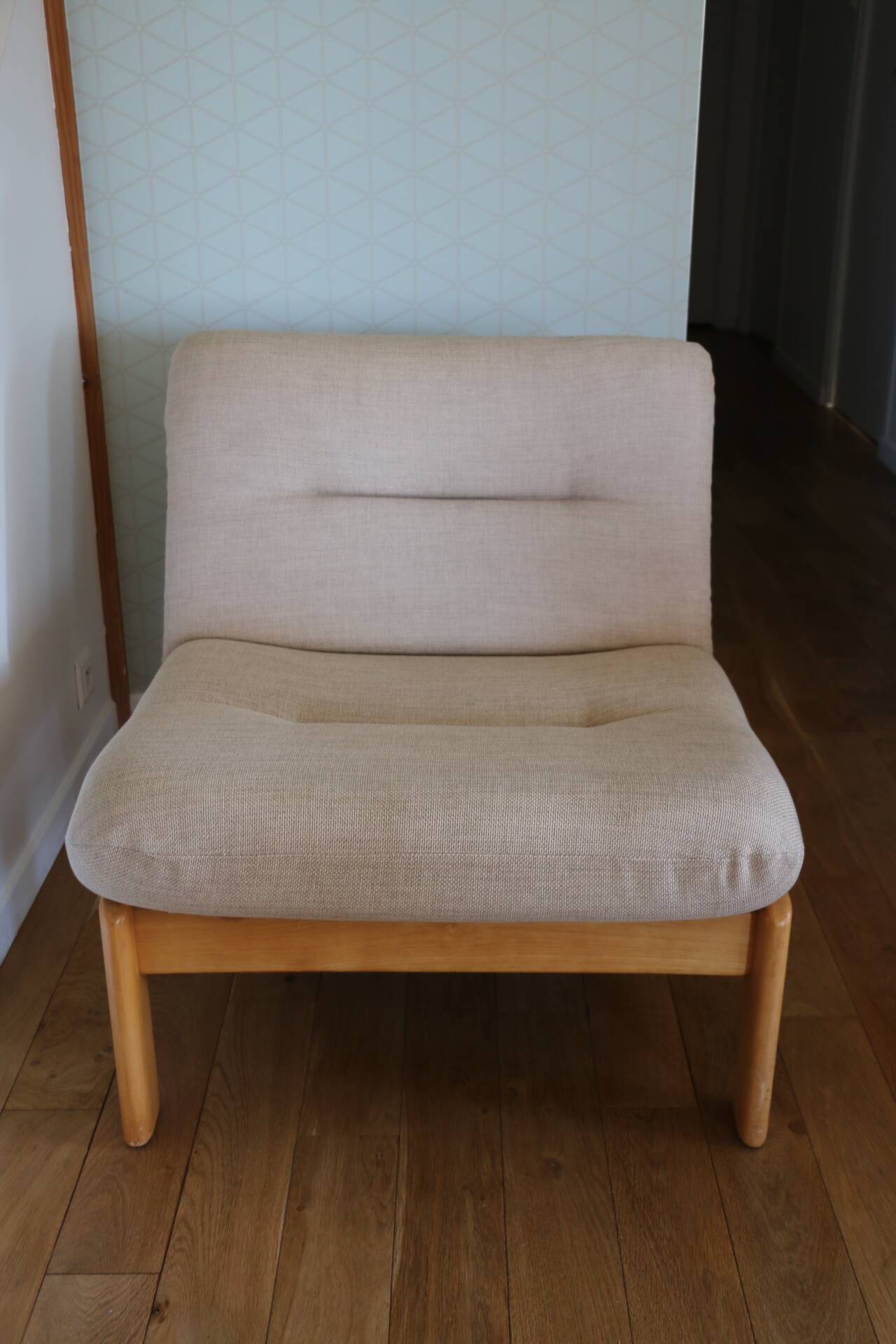 Pair of wood and fabric lounge chairs, 1980