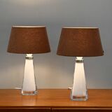 Carl Fagerlund white glass table lamps and dark ochre shades for Orrefors Sweden