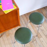 Pair of stools in chrome and bottle green skai, Made in France, Registered Model, 1970
