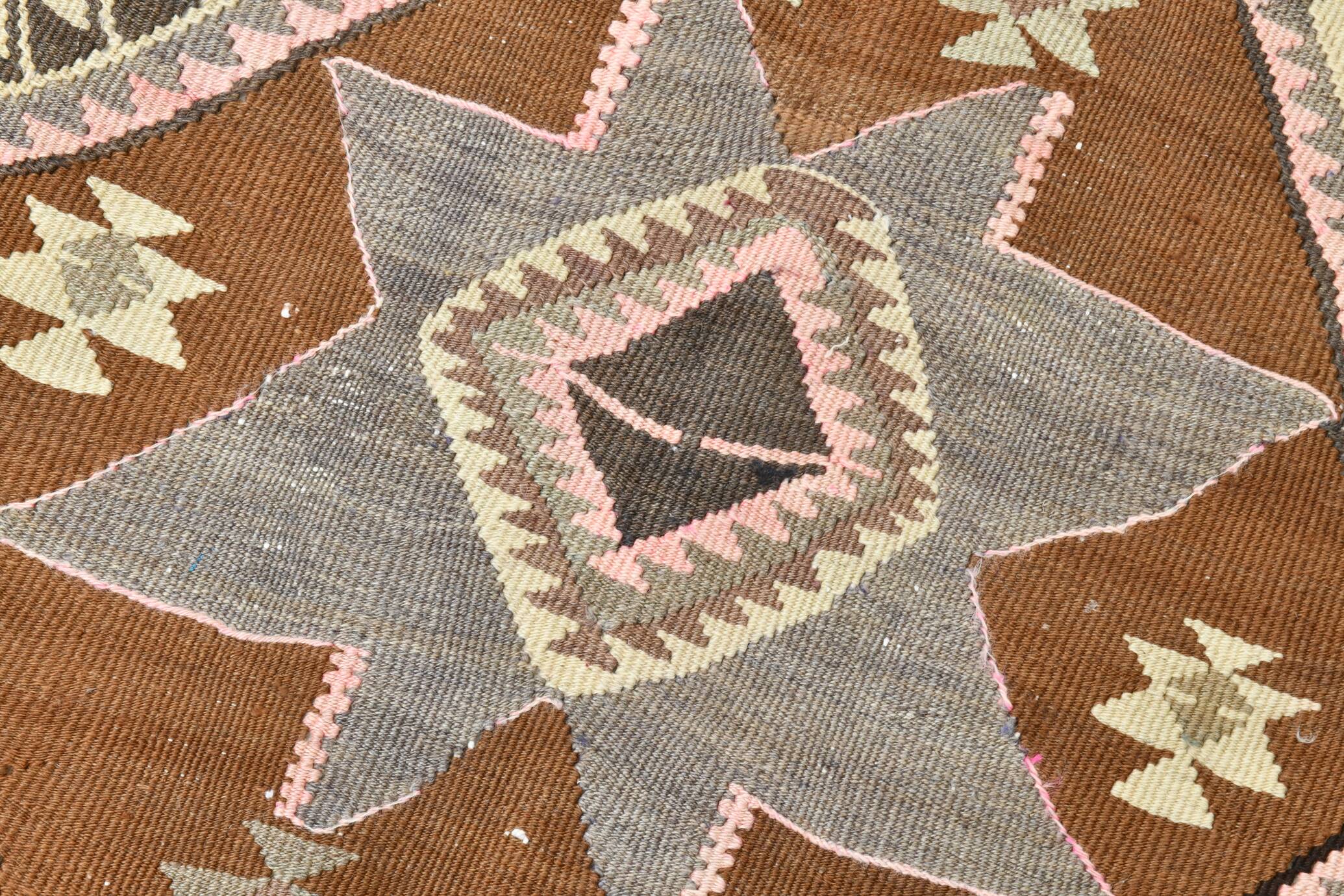 140x380Cm Brown & Grey Kilim Rug, Handmade Wool Area Rug, Stair Rug,