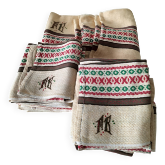 Tablecloth and 12 monogrammed MB napkins – vintage Basque linen