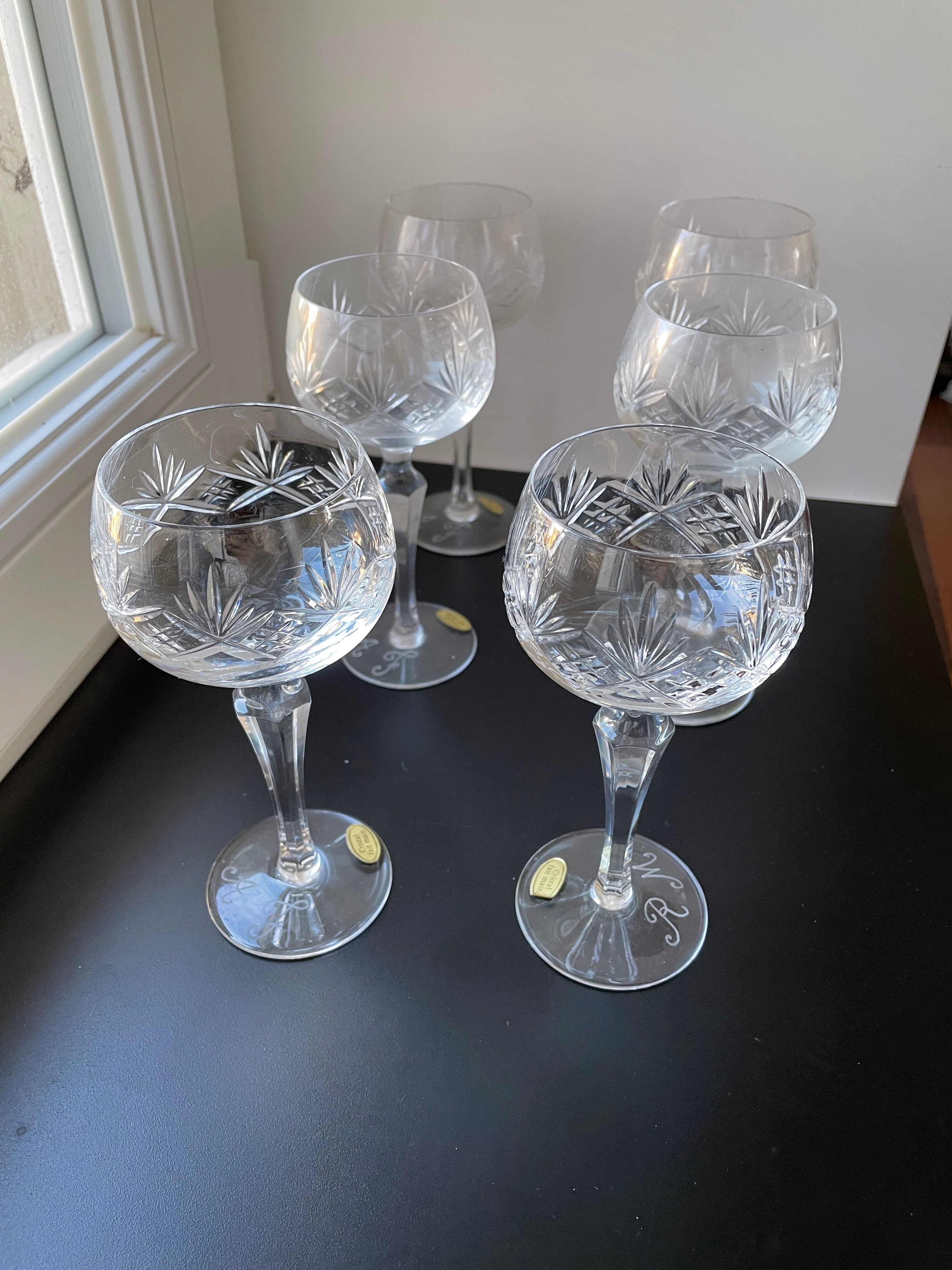6 engraved crystal stemmed glasses