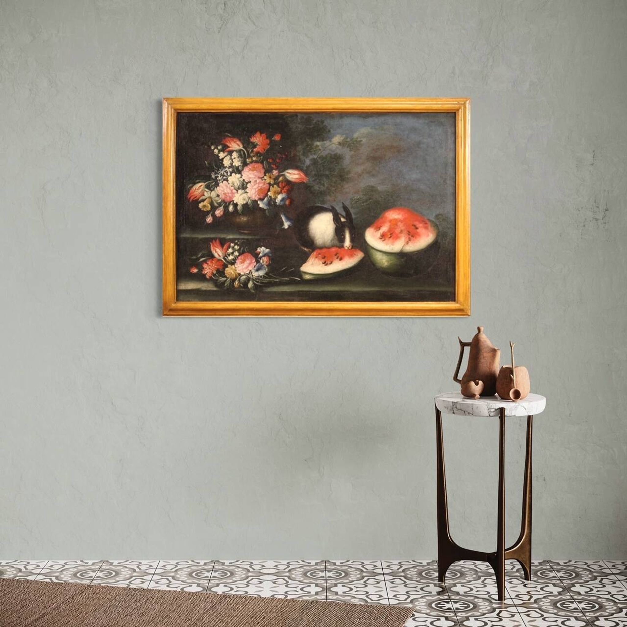 Antique Painting Still Life With Flowers And Fruit From The 18th Century