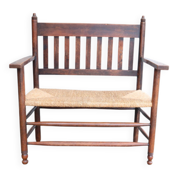Antique Dutch wooden bench with woven seat