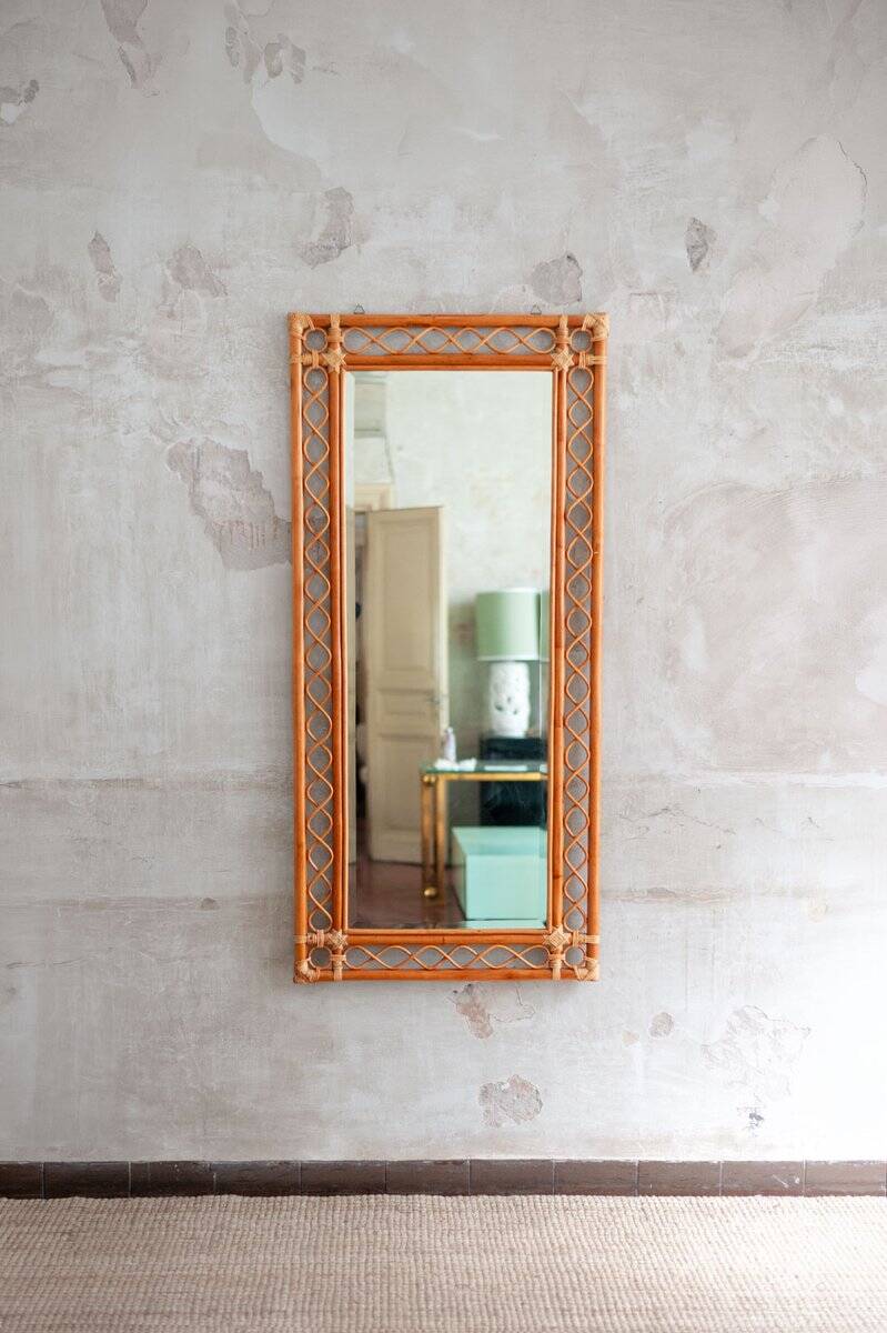 Grand miroir rectangulaire en bambou, années 1970