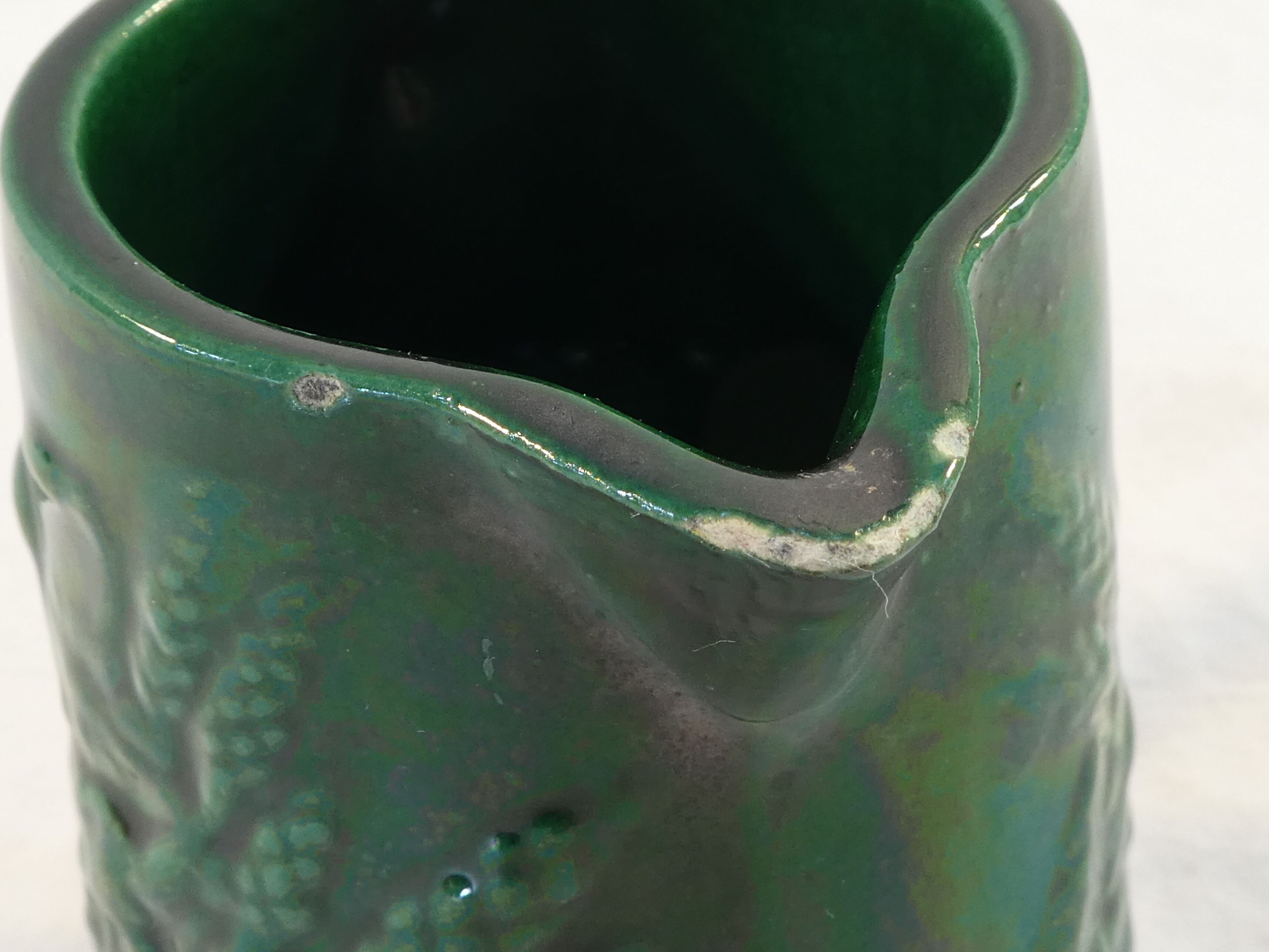 Old Little Vintage Green Pitcher in faience of ST CLEMENT flower basket decor