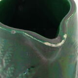 Pichet vert vintage en faience de St clement decor de panier fleuri
