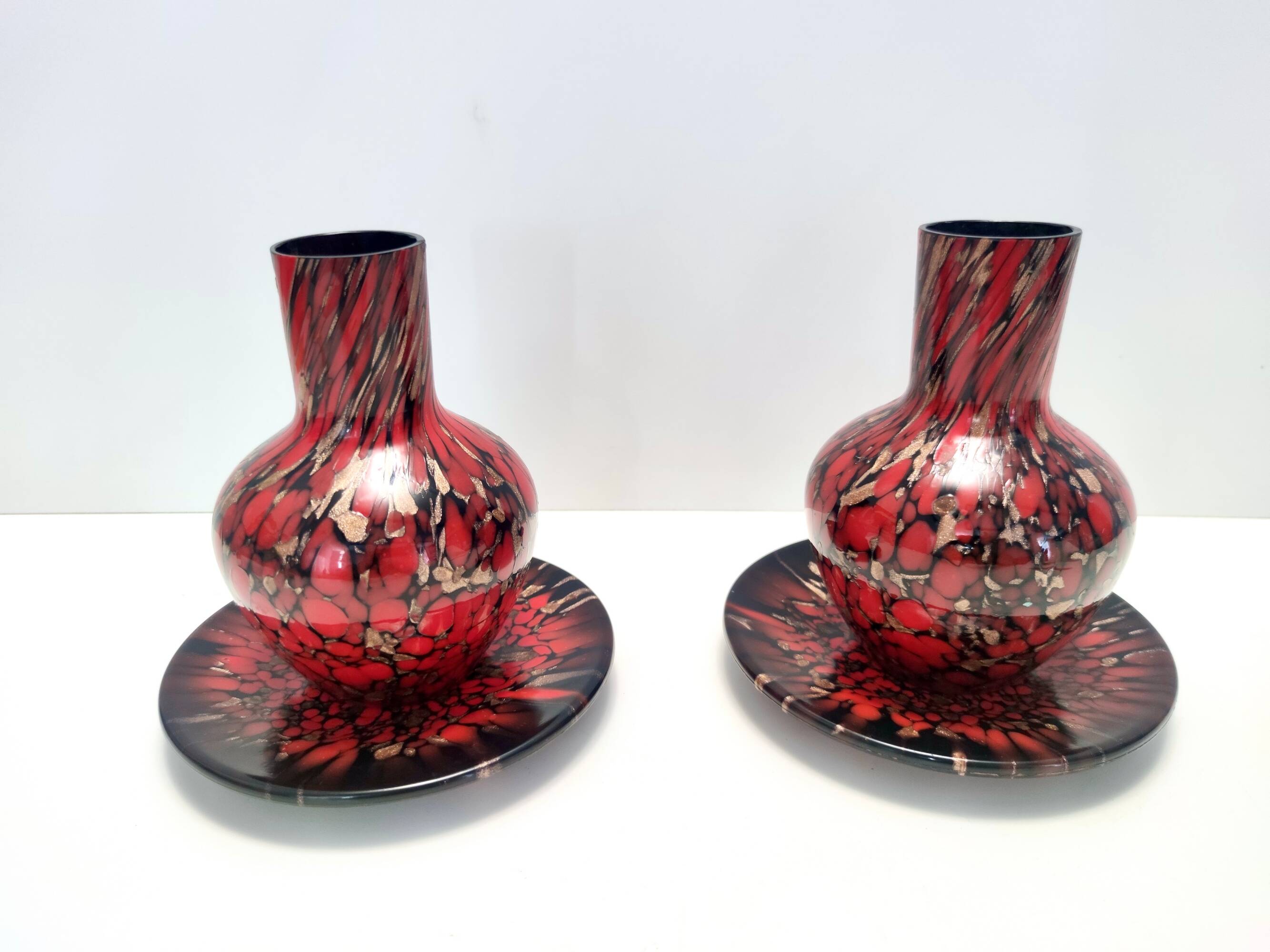 Black and Red Murano Glass Vases by Vincenzo Nason with Bronze Aventurine Glass