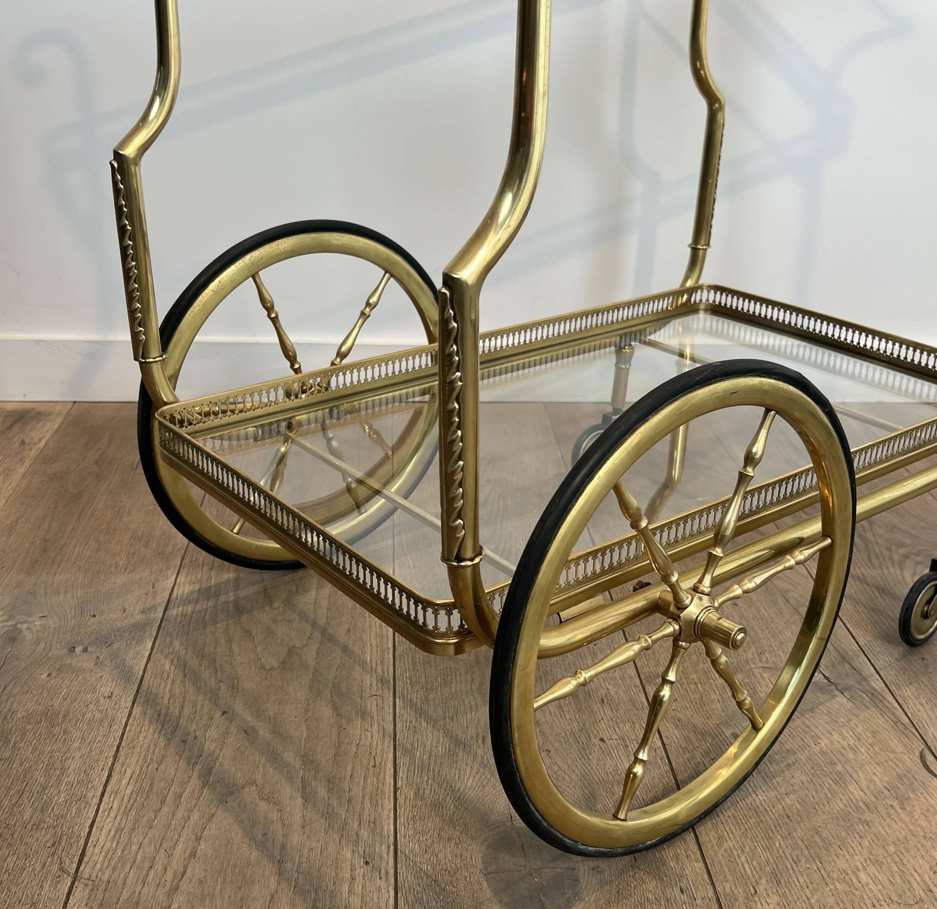 Rolling Table with Large Brass and Glass Wheels, Maison Jansen, Circa 1940