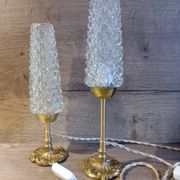 Duo of retro 50's bronze table lamps, diamond-tipped glass tube lampshades