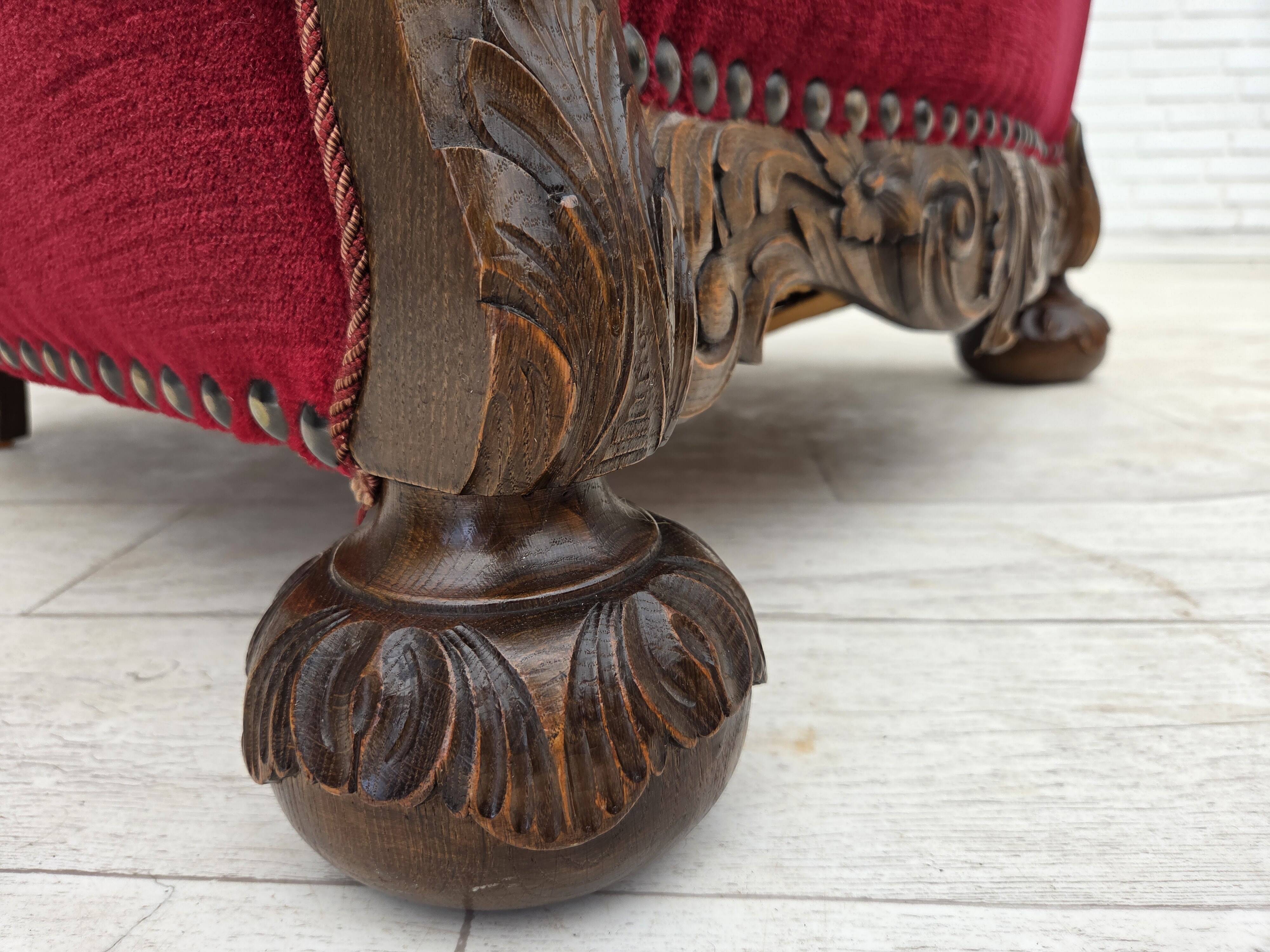 1960s, Danish relax chair, cherry-red furniture velour, oak wood.