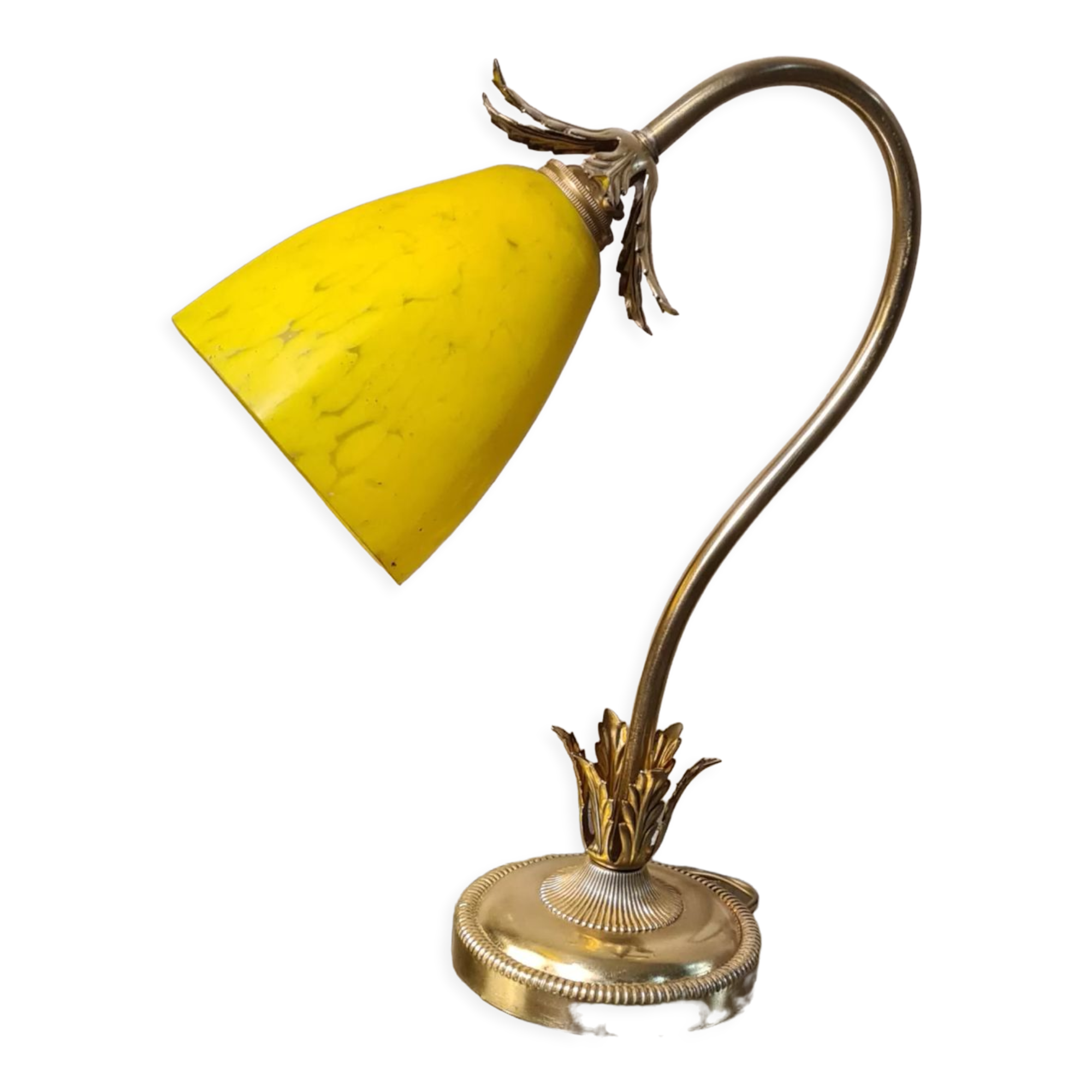 Golden steel lamp, with tulip old marbled yellow glass paste,