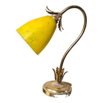Golden steel lamp, with tulip old marbled yellow glass paste,