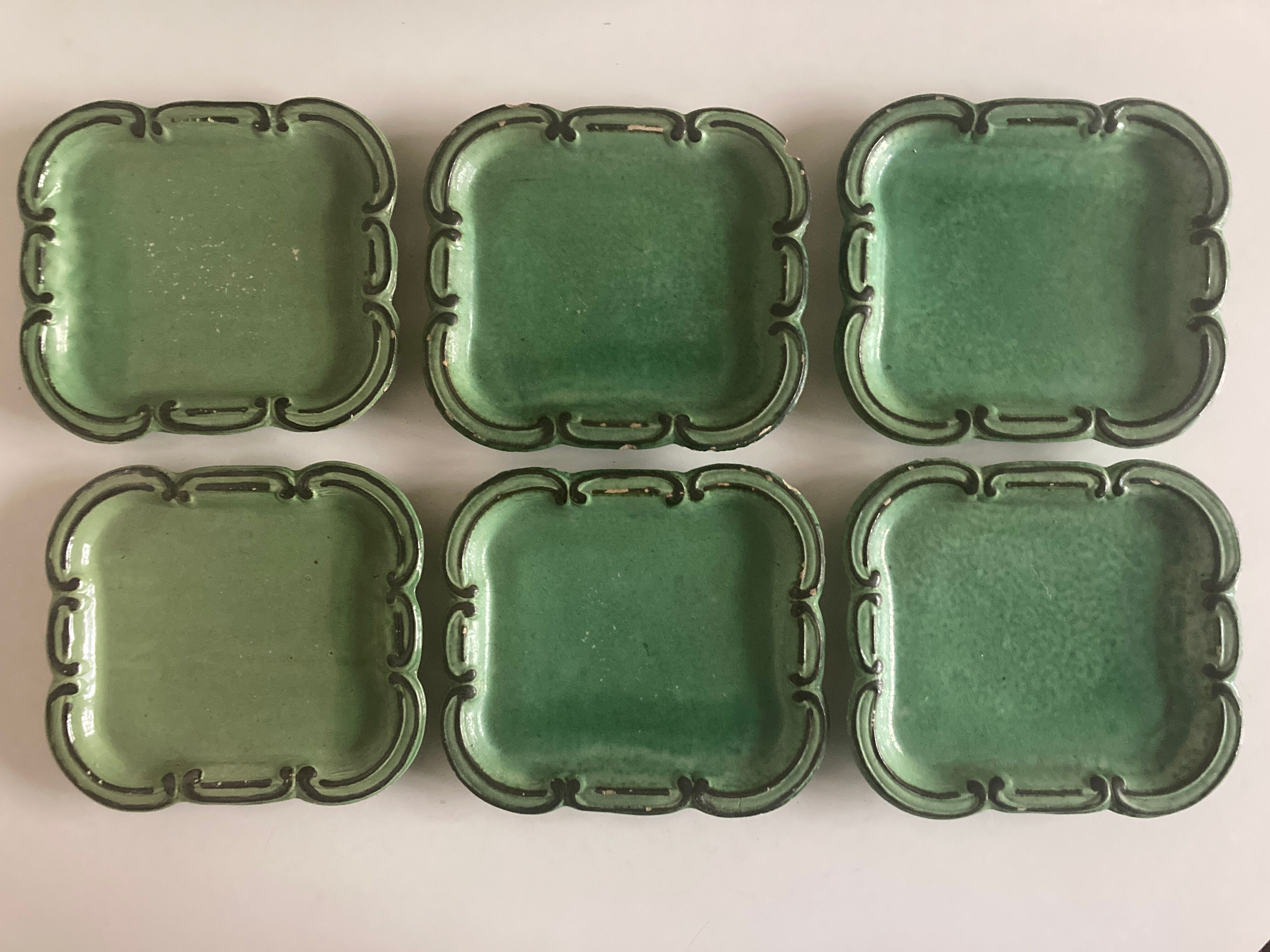 Set of 6 dessert plates in green varnished earth Vallauris 1950