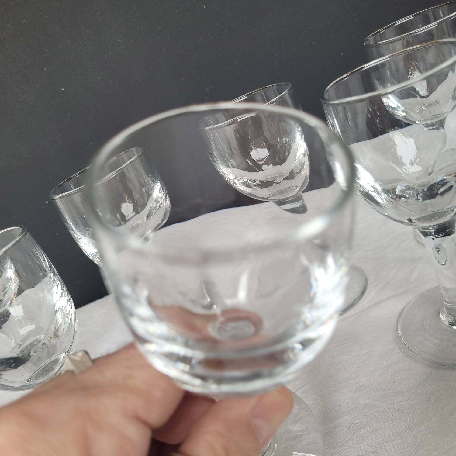 7 antique stemmed glasses made of blown glass – 1930s–1950s