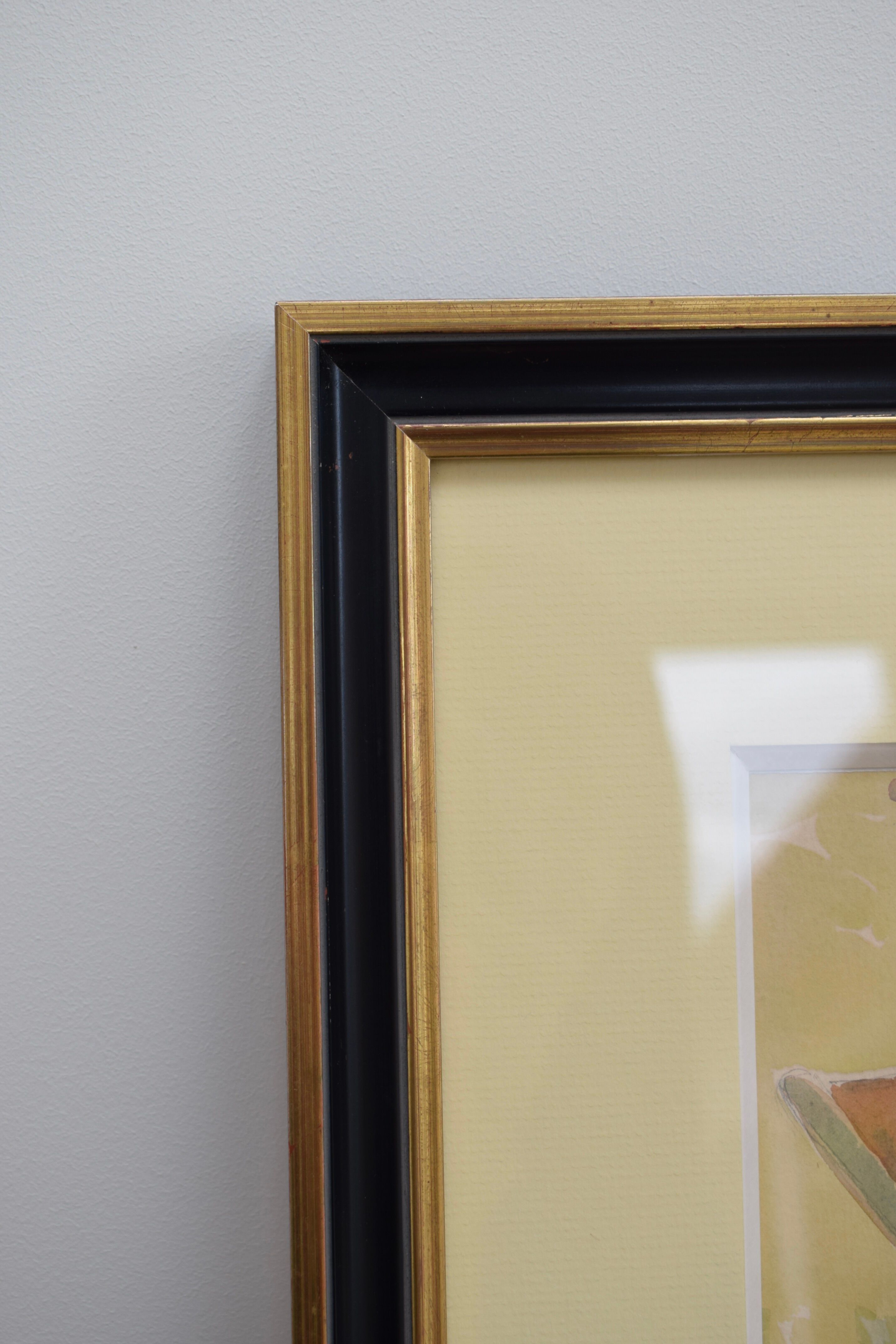 Watercolor Signed Emile Rondinet, woman resting in a Framed Garden