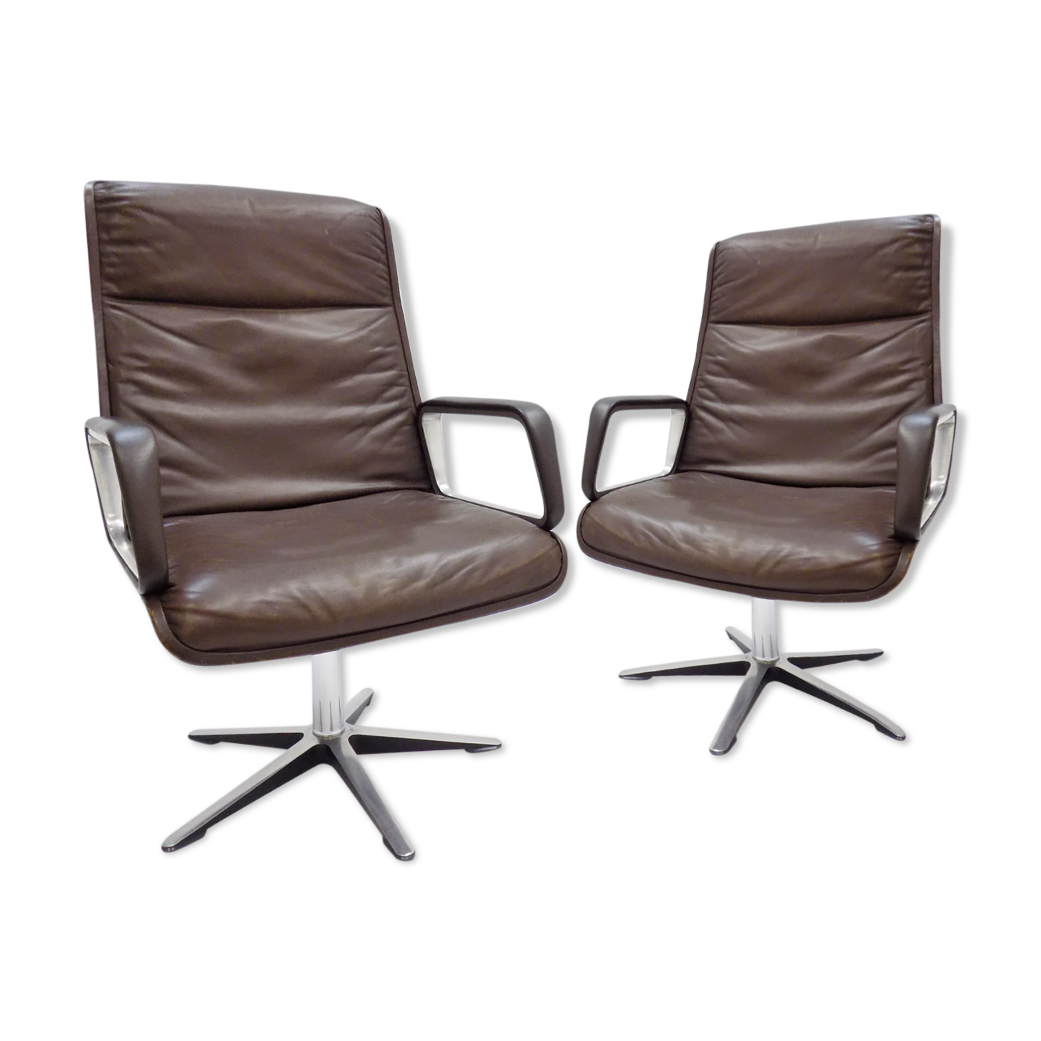Wilkhahn Delta Highback set of 2 brown leather armchairs by Delta Design