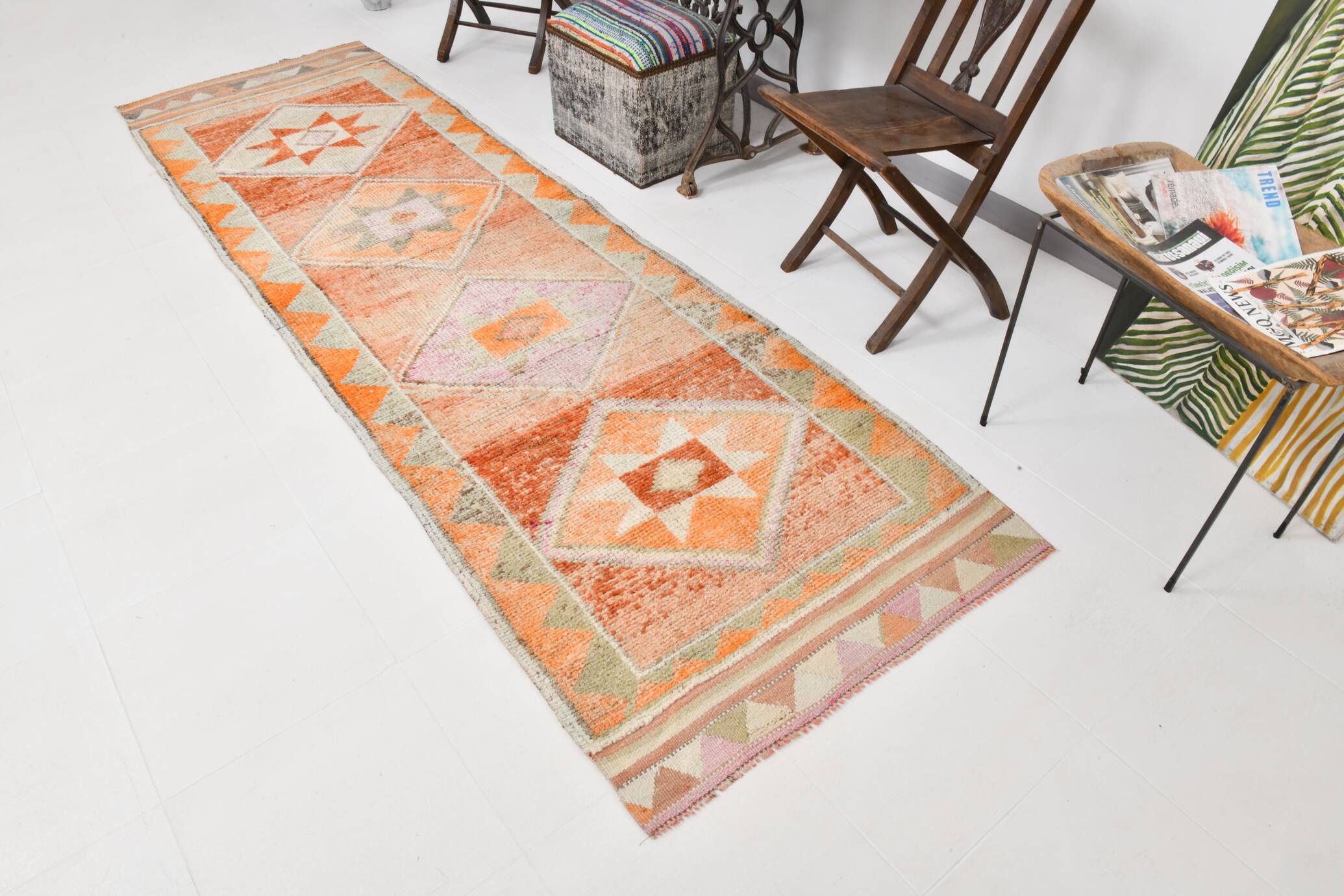 3x10 Orange & Beige Persian Vintage Runner Rug, 94x317Cm SK 22040